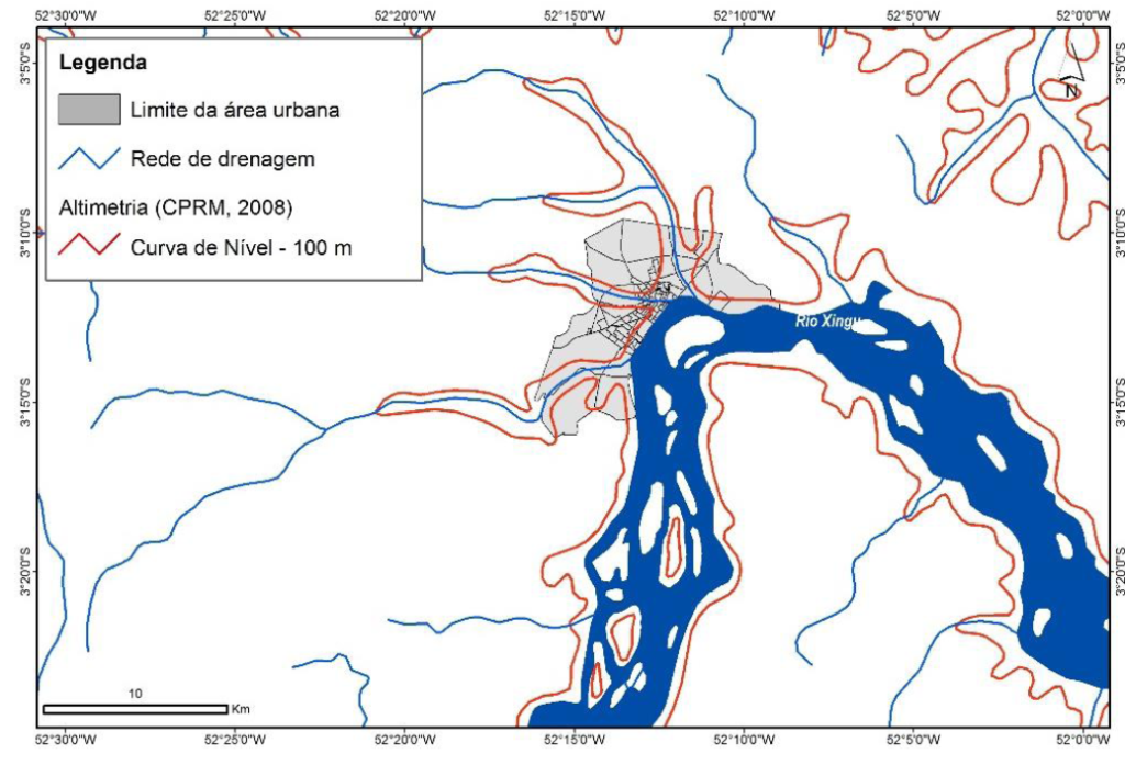 Limite da cota de 100 m na cidade de Altamira. Base de dados de CPRM (2008). Elaborado no Laboratório de Estudos de Modelagem Hidroambientais – LEMHA (2014). Limite da cota de 100 m na cidade de Altamira. Base de dados de CPRM (2008). Elaborado no Laboratório de Estudos de Modelagem Hidroambientais – LEMHA (2014).