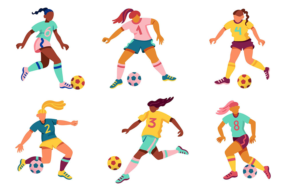 Ilustração vetorial retangular e horizontal. Seis figuras femininas dispostas em 3x3 usando uniforme esportivo, cada uma fazendo movimentos com uma bola de futebol. Elas têm tom de pele e estilos de cabelo variados, usam shorts, chuteira e camiseta com número. As cores das roupas e das bolas variam entre rosa, amarelo, azul e verde. Os rostos não tem detalhes. Tons bem coloridos, mas também um pouco pastel. Fundo branco.