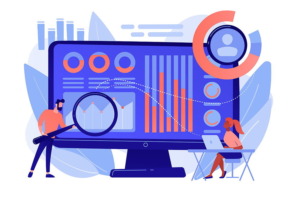 Ilustração vetorial de uma tela de computador gigante. Duas pessoas pequenas cada uma de um lado da tela. Na esquerda, um homem segura uma lupa em cima da tela e amplifica a figura de um gráfico. Na direita, uma mulher sentada em uma mesa com um notebook. Na tela, diferentes tipos de gráficos. No fundo, elementos gráficos geométricos e forma de folha. Tons de salmão e roxo.