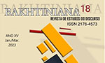 Parte superior da capa do periódico Baktiniana Revista de Estudos do Discurso, vol 18. Ano XV, Jan./Mar. 2023. Arte abstrata com retângulos.