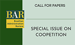 Imagem de divulgação do periódico Brazilian Administration Review. Call for papers. Special issue on Coopetition. Logo da ANPAD. Indexed by Scopus. Member of COPE.