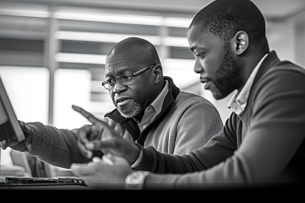 Dois homens negros sentados diante de um computador. Ambos, o mais velho e o mais novo, estão apontando para o computador. A expressão facial dos dois é de seriedade e concentração. Dois homens negros sentados diante de um computador. Ambos, o mais velho e o mais novo, estão apontando para o computador. A expressão facial dos dois é de seriedade e concentração.