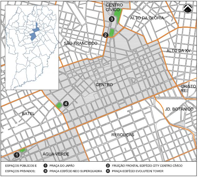 Mapas com a localização dos objetos de estudo. Mapa menor: cidade de Curitiba-PR delimitando os bairros em que as praças e fruição se localizam. Mapa maior: praças e fruição, em seus respectivos bairros. Mapas com a localização dos objetos de estudo. Mapa menor: cidade de Curitiba-PR delimitando os bairros em que as praças e fruição se localizam. Mapa maior: praças e fruição, em seus respectivos bairros.