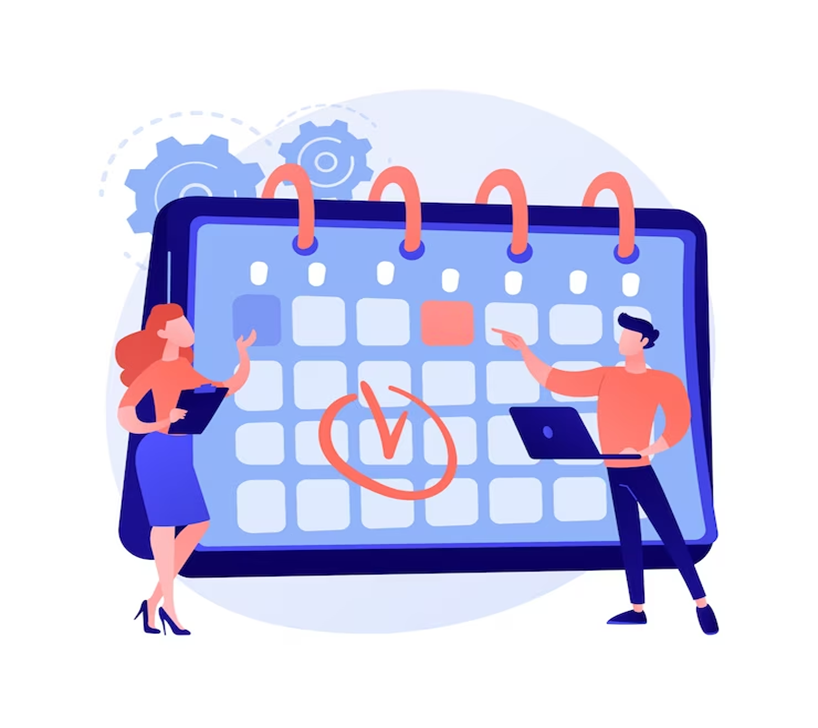 Ilustração de duas pessoas em frente a um calendário. O homem segura um notebook e a mulher tem em mãos uma prancheta. Ilustração de duas pessoas em frente a um calendário. O homem segura um notebook e a mulher tem em mãos uma prancheta.