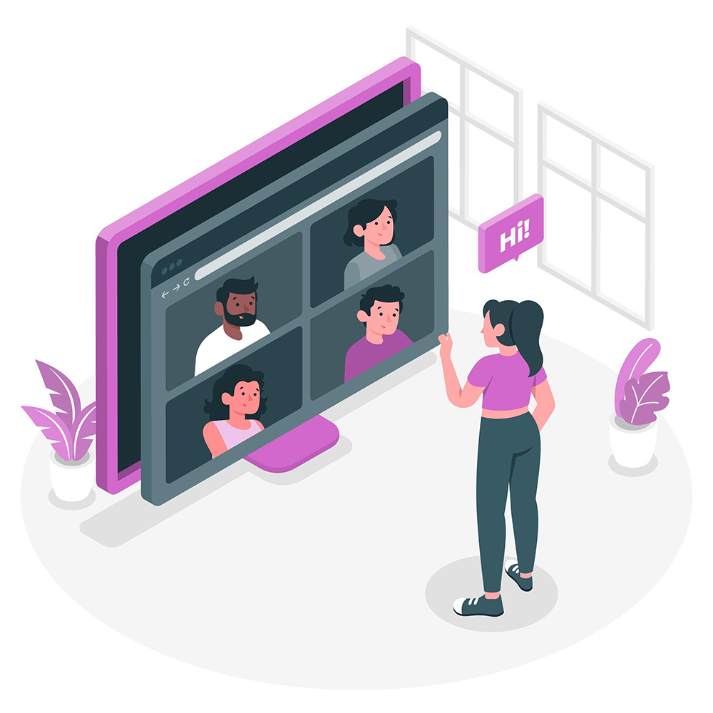 Imagem vetorial exibindo uma mulher de costas em uma sala sem paredes, com duas janelas flutuantes. Ela está virada para um monitor gigante, maior que seu tamanho, que exibe uma videoconferência com quatro pessoas. Ela acena com a mão esquerda enquanto, sobre ela, flutua um balão lilás escrito "Hi", indicando que está cumprimentando os outros participantes. Imagem vetorial exibindo uma mulher de costas em uma sala sem paredes, com duas janelas flutuantes. Ela está virada para um monitor gigante, maior que seu tamanho, que exibe uma videoconferência com quatro pessoas. Ela acena com a mão esquerda enquanto, sobre ela, flutua um balão lilás escrito "Hi", indicando que está cumprimentando os outros participantes.