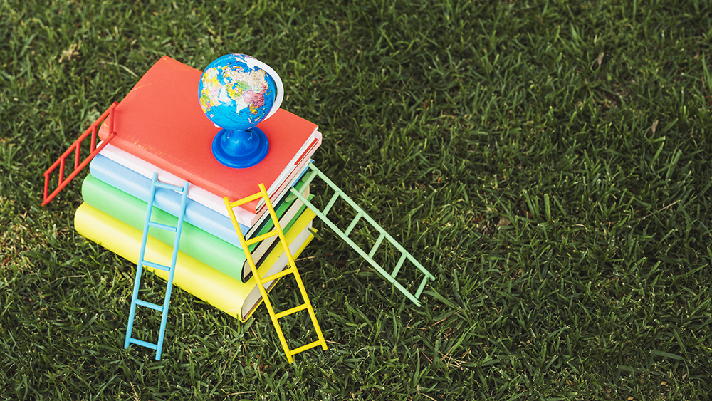 Mini globo terrestre giratório posicionado no topo de uma colorida pilha de livros, cercada por pequenas escadinhas nas cores vermelho, azul, amarelo e verde, dispostas de forma equidistante, tudo sobre um gramado. Mini globo terrestre giratório posicionado no topo de uma colorida pilha de livros, cercada por pequenas escadinhas nas cores vermelho, azul, amarelo e verde, dispostas de forma equidistante, tudo sobre um gramado.