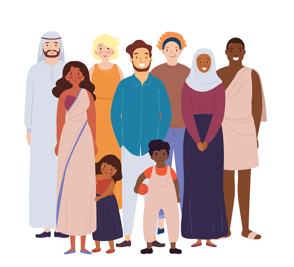 Ilustração de um grupo de pessoas (homens, mulheres e crianças) de diferentes etnias à frente de um fundo branco. Ilustração de um grupo de pessoas (homens, mulheres e crianças) de diferentes etnias à frente de um fundo branco.