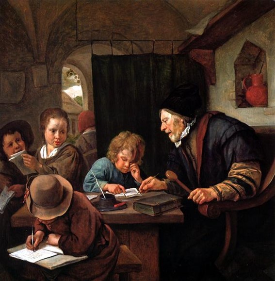Uma pintura a óleo que retrata um professor idoso supervisionando jovens estudantes em uma sala de aula rústica enquanto eles escrevem e leem livros. Uma pintura a óleo que retrata um professor idoso supervisionando jovens estudantes em uma sala de aula rústica enquanto eles escrevem e leem livros.