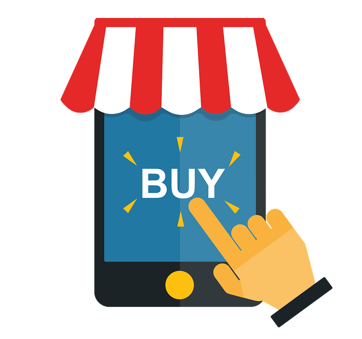 Ilustração de um tablet com toldo listrado no topo exibindo a palavra "BUY" (comprar, em português) na tela. Uma mão aponta para a tela, sugerindo uma compra online. Ilustração de um tablet com toldo listrado no topo exibindo a palavra "BUY" (comprar, em português) na tela. Uma mão aponta para a tela, sugerindo uma compra online.
