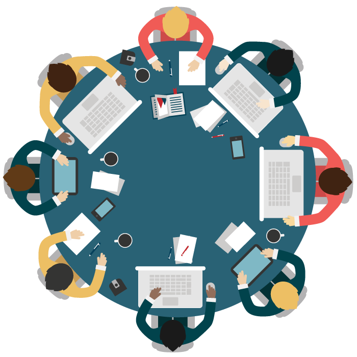 Ilustração digital de uma mesa redonda com oito figuras sentadas ao seu redor com notebooks, cadernos, papéis, e celulares. Ilustração digital de uma mesa redonda com oito figuras sentadas ao seu redor com notebooks, cadernos, papéis, e celulares.