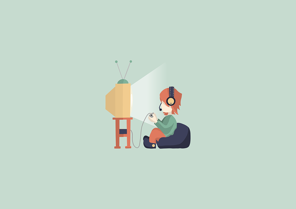Ilustração de uma pessoa usando fones de ouvido, sentada em uma almofada e jogando videogame em uma TV antiga, à frente de um fundo verde sálvia. Ilustração de uma pessoa usando fones de ouvido, sentada em uma almofada e jogando videogame em uma TV antiga, à frente de um fundo verde sálvia.