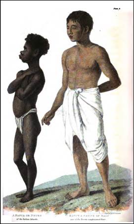 Pintura retratando um balinês (à direita) e um habitante de Papua (à esquerda). Eles estão seminus e descalços. Pintura retratando um balinês (à direita) e um habitante de Papua (à esquerda). Eles estão seminus e descalços.