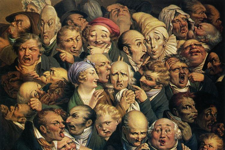 Pintura "Meeting of thirty-five heads of expression" de Honore Daumier, que retrata diversas pessoas muito próximas umas das outras com expressões faciais e bocas visíveis, transmitindo uma variedade de emoções. Pintura "Meeting of thirty-five heads of expression" de Honore Daumier, que retrata diversas pessoas muito próximas umas das outras com expressões faciais e bocas visíveis, transmitindo uma variedade de emoções.