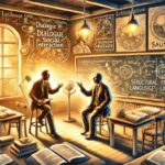 Representação artística de um diálogo entre ideias inspiradas em Bakhtin e Saussure, gerada por inteligência artificial