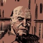 Ilustração de Stanley Cavell. A ilustração tem um fundo marrom com riscos pretos e o rosto de Cavell em tons de marrom, preto e tons mais rosados