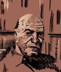 Ilustração de Stanley Cavell. A ilustração tem um fundo marrom com riscos pretos e o rosto de Cavell em tons de marrom, preto e tons mais rosados Ilustração de Stanley Cavell. A ilustração tem um fundo marrom com riscos pretos e o rosto de Cavell em tons de marrom, preto e tons mais rosados