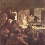 Pintura "O Drama", de Honoré Daumier. Feita com tons amarronzados, mostra uma encenação em palco de um homem morto caído no chão, outro homem de pé apontando para ele e uma mulher com as mãos na cabeça, enquanto tem várias pessoas espantadas na plateia.