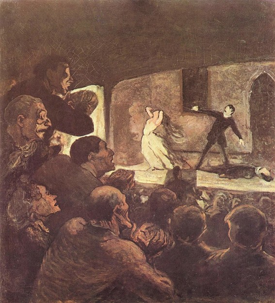 Pintura "O Drama", de Honoré Daumier. Feita com tons amarronzados, mostra uma encenação em palco de um homem morto caído no chão, outro homem de pé apontando para ele e uma mulher com as mãos na cabeça, enquanto tem várias pessoas espantadas na plateia. Pintura "O Drama", de Honoré Daumier. Feita com tons amarronzados, mostra uma encenação em palco de um homem morto caído no chão, outro homem de pé apontando para ele e uma mulher com as mãos na cabeça, enquanto tem várias pessoas espantadas na plateia.