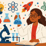 Ilustração digital mostrando uma mulher em um laboratório