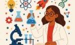 Ilustração digital mostrando uma mulher em um laboratório